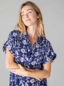 Take It Easy Cotton Gauze Midi Dress - Navy Cream Vines(XS)