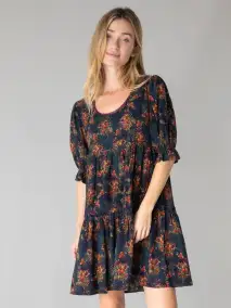 Collette Mini Dress - Navy Red Feathers