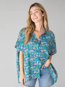 Kelly Oversized Cotton Button Down - Blue Floral Vines