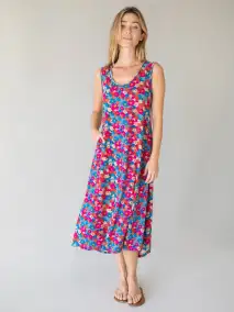 Hangout Cotton Midi Dress - Blue Pink Floral