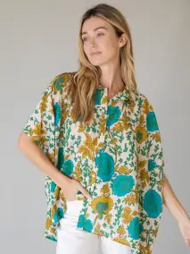 Kelly Oversized Cotton Button Down - Ochre Leafy Floral(One Size)