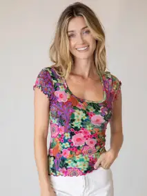 Devon ButterSoft Short Sleeve Top - Pink Painted Garden