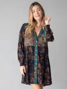 Ansley Woven Tunic Shirt Dress - Grey Navy Mixed Floral