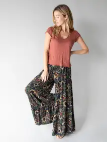 Patti Palazzo Pant - Navy Tan Dahlias