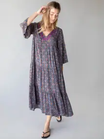Charlotte Embroidered Midi Dress - Slate Floral Blooms