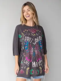 One Size Cotton Easy Tee - Don't Worry Live Happy Charcoal(One Size)