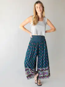 Make A Move Wide-Leg Palazzo Pant - Navy Pink Roses Border