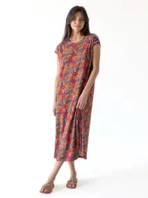 Frankie Knit Cotton Tee Midi Dress - Rust Turquoise Floral
