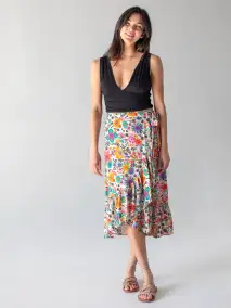 Sabrina Ruffle Wrap Skirt - Rainbow Watercolor Blossoms