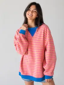 Oversized Striped Crewneck - Pink Tan Stripes