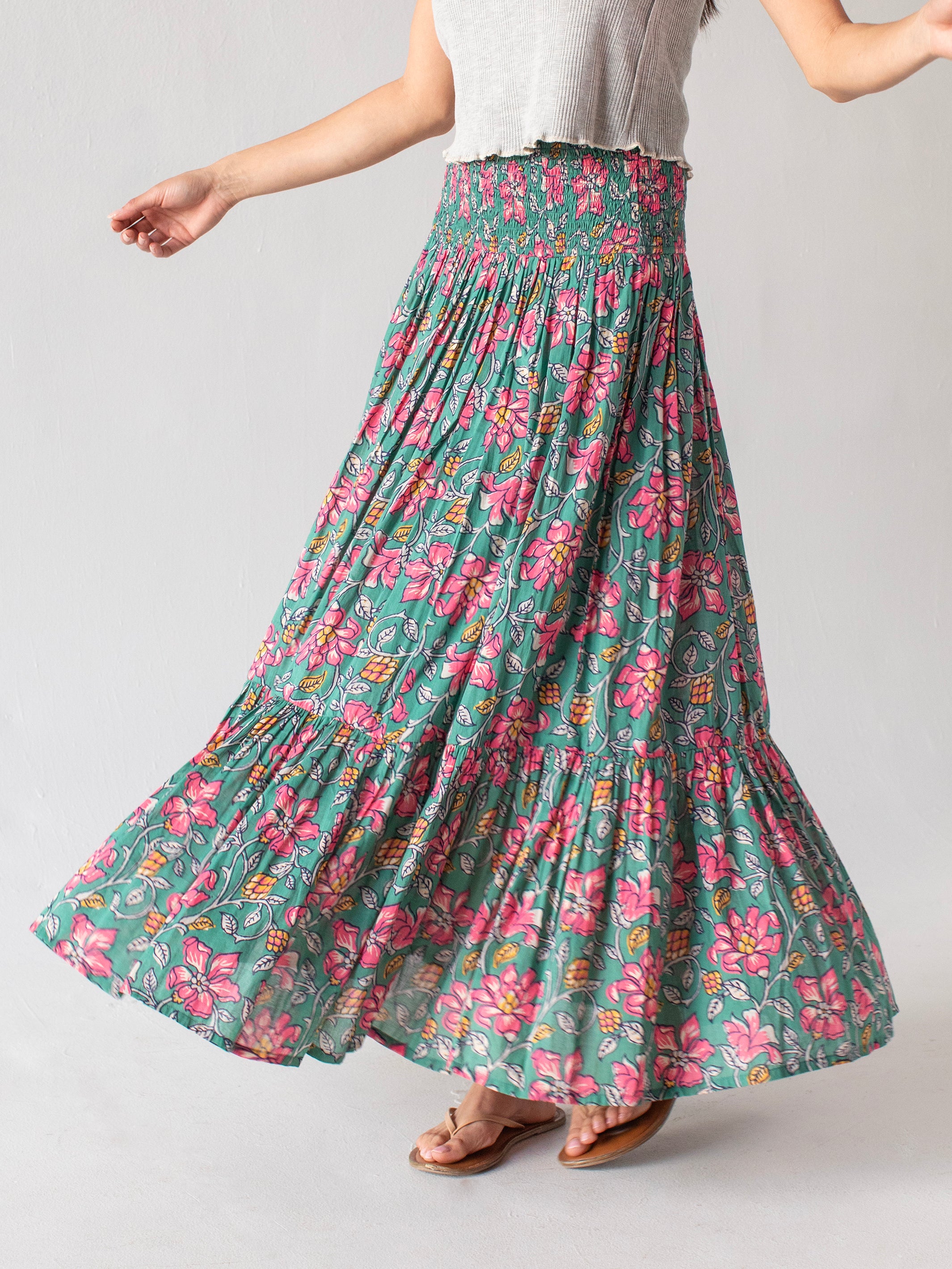 Flora Cotton Convertible Maxi Skirt - Light Blue Pink Lilies