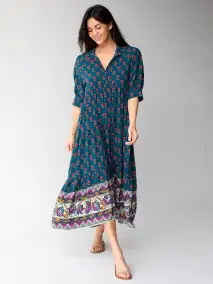 Rebecca Midi Dress - Navy Pink Roses Border