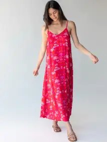 Gracie Slip Maxi Dress - Red Pink Leaf