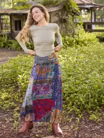Live-In-It Knit ButterSoft Maxi Skirt - Blue Patchwork
