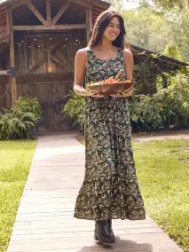 Paige Maxi Dress - Dark Olive Tan Leaf