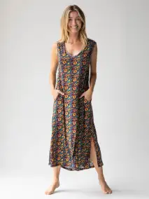 Hangout Cotton Midi Dress - Olive Navy Floral