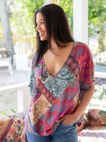 Easy V-Neck Top - Dark Patchwork