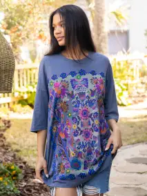 One Size Cotton Easy Tee - Navy Folk Garden