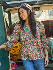 Rowan Top - Turquoise Cream Mixed Floral