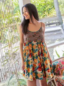 Gigi Mini Dress - Grey Orange Roses