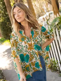 Kelly Oversized Cotton Button Down - Ochre Leafy Floral