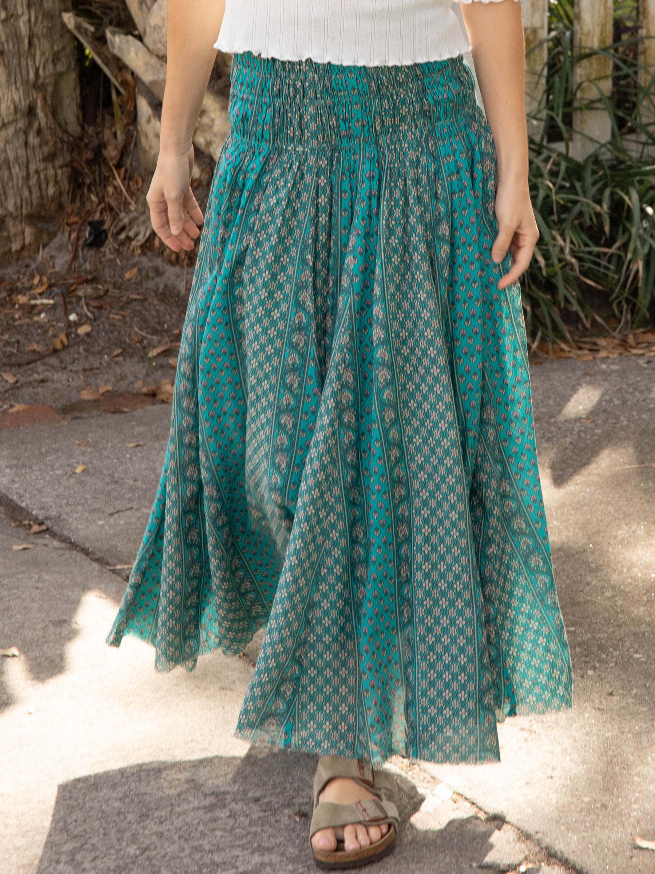 Laurel Convertible Maxi Skirt - Turquoise Cream Stripes Cotton