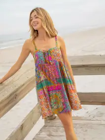 Patti Tie-Front Mini Dress - Folk Flower Patchwork