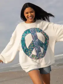 Applique Crewneck Sweatshirt - White Peace Sign