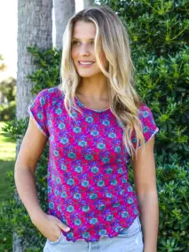 Lily Cotton Short Sleeve Tee Shirt - Pink Doodle Floral