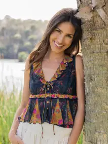 Sierra Sleeveless Mesh Top - Navy Mustard Floral