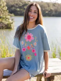 Ringer Oversized Tee Shirt - Blue Folk Flower
