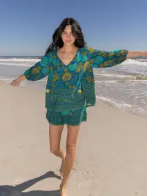 Maribel Top - Teal Sage Border