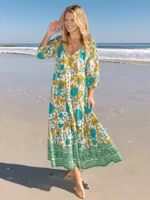 Auguste Cotton Maxi Dress - Cream Green Border