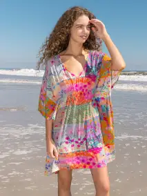 Sanibel Kaftan Mini Dress - Pink Watercolor Patchwork