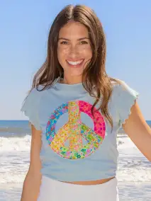 Lily Cotton Applique Tee Shirt - Bay Peace Sign