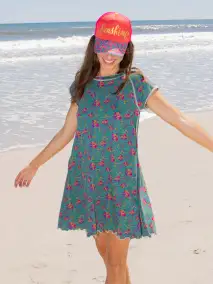 Lily Knit Cotton Tee Dress - Turquoise Floral Medallions
