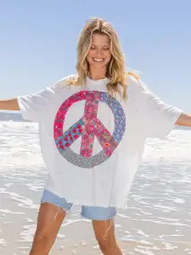 Oversized Cotton Applique Tee - Peace Sign White