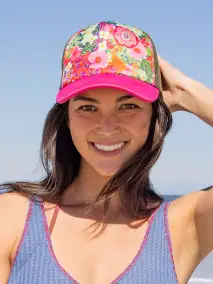 Adjustable Trucker Hat - Pink Painted Garden
