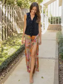 Ginger Side-Slit Maxi Skirt - Pink Floral Patchwork(XS)