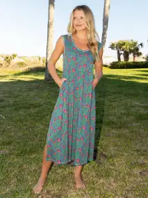 Hangout Cotton Midi Dress - Turquoise Floral Medallions