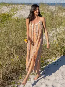 Cosette Crochet Cotton Maxi Dress - Turquoise Orange Stripes