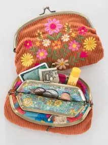Embroidered Double Kisslock Coin Purse - Rust Folk Flower
