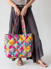 Reversible Puffy Tote Bag - Large Dusty Blue Floral