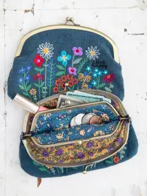 Embroidered Double Kisslock Coin Purse - Washed Navy