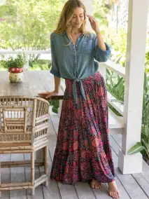 Hanna Convertible Maxi Skirt - Black Pink Folk Floral