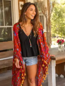 Soleil Tassel Kimono - Red Floral Border