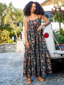 Journey Boho Cotton Maxi Dress - Black Floral