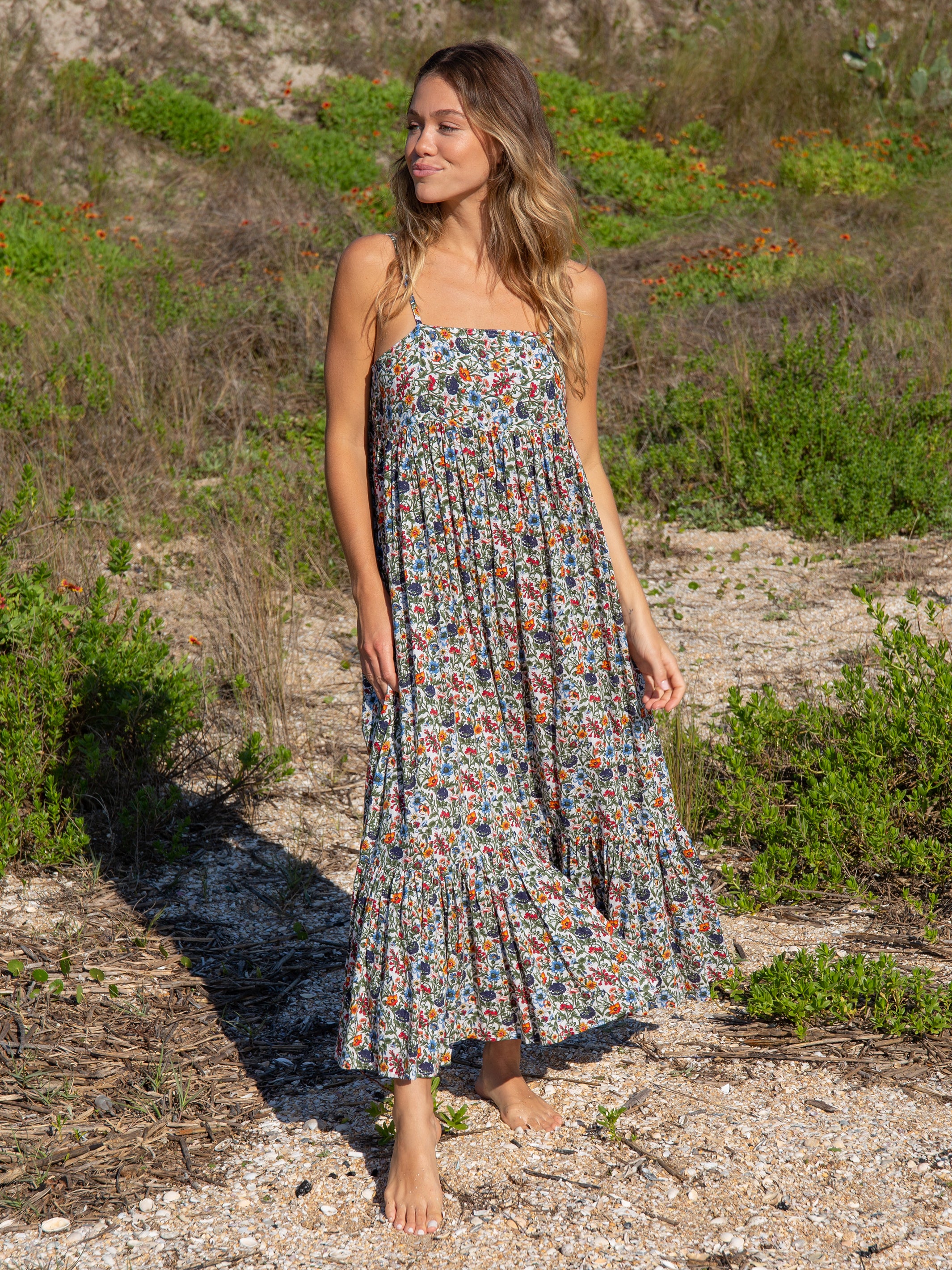 Nina Midi Dress - White Green Floral