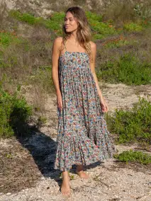 Nina Midi Dress - White Green Floral