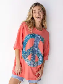 Oversized Cotton Applique Tee - Coral Peace Sign